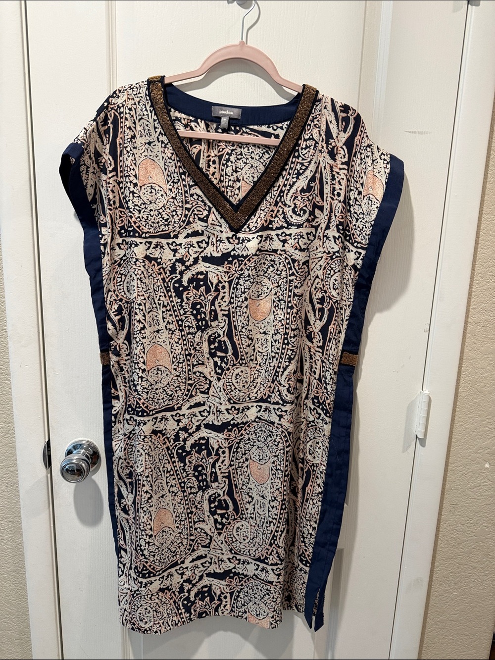 Navy and Cream Paisley V-Neck Women's Top